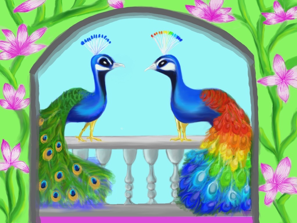 illustration of two peacocks, one of which has a rainbow tail
