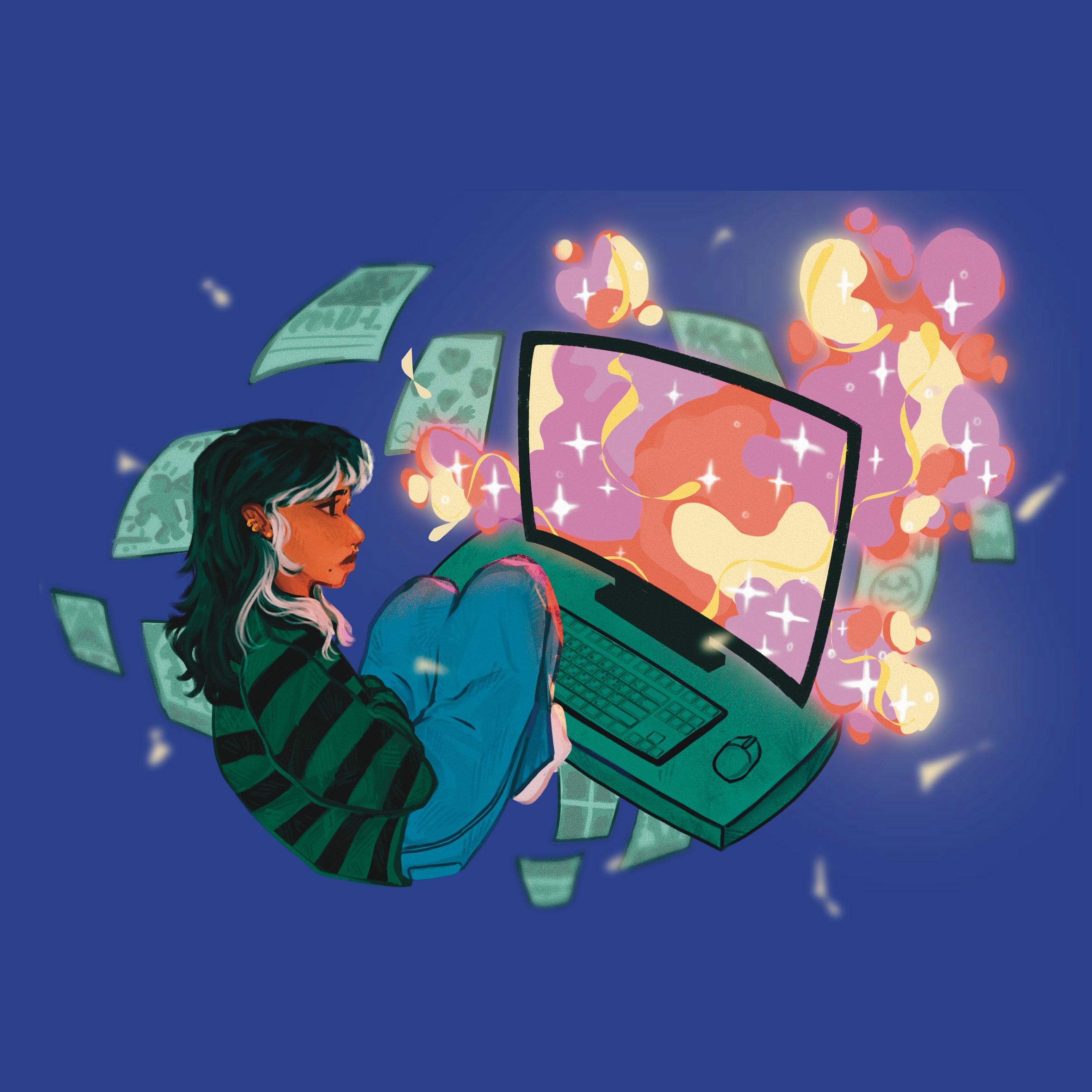 illustration of a queer person looking at a fabulous computer screen