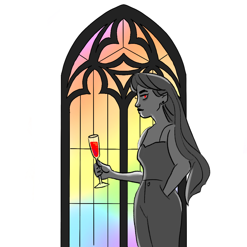 illustration of a vampire standing by a grand rainbow window