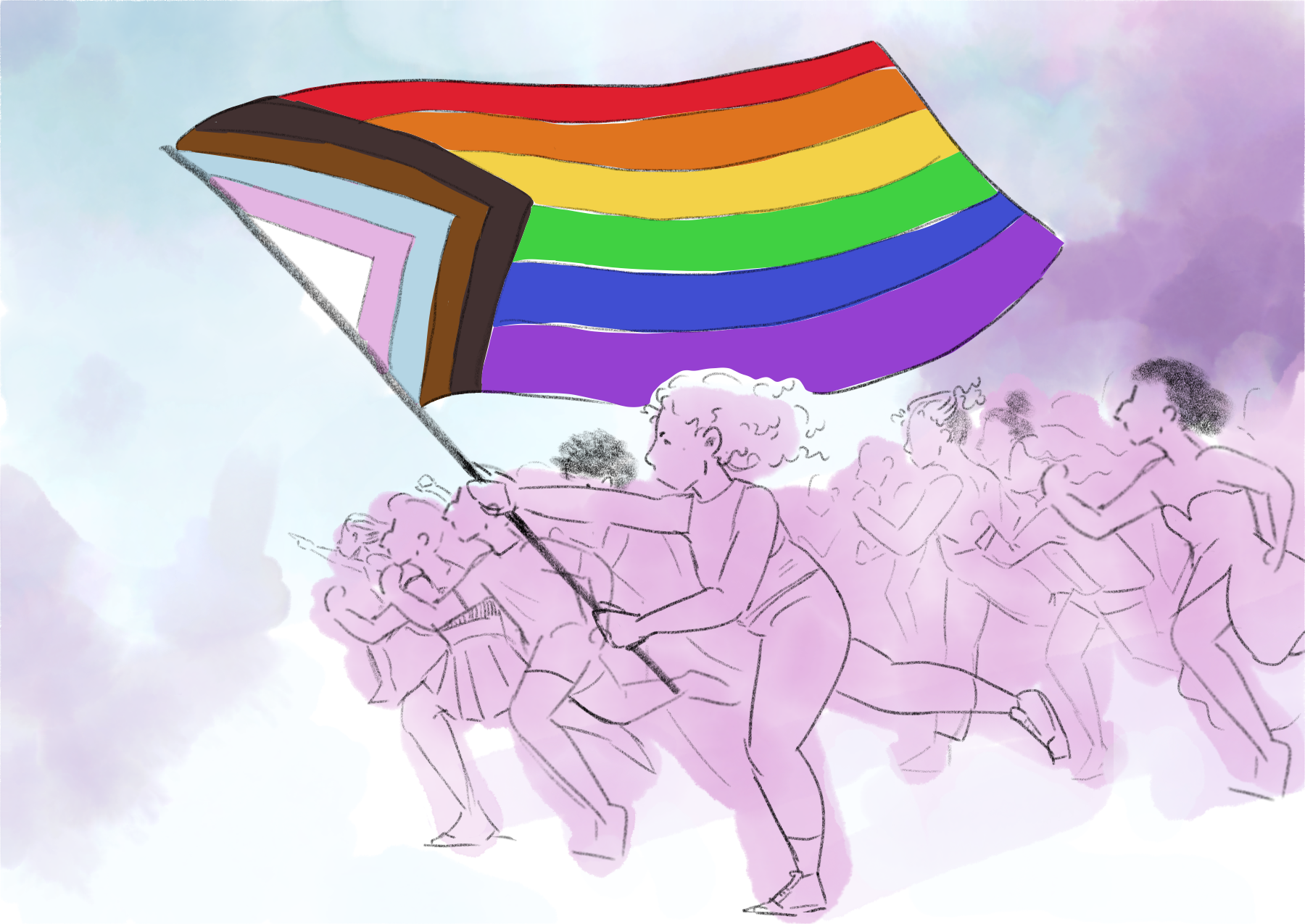 illustration of droves of queer people charging into battle with a progress pride flag
