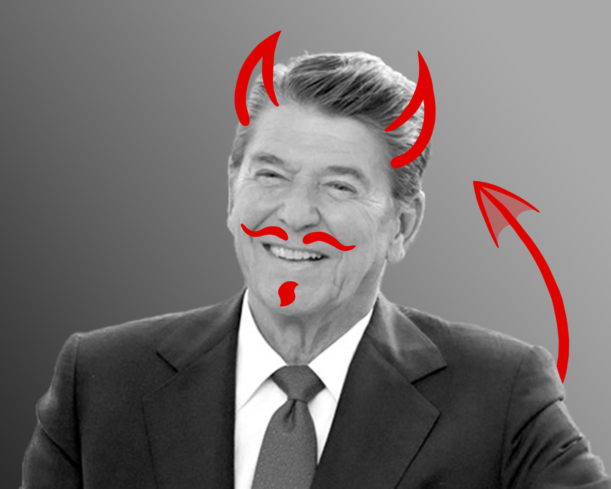 black and white photo of Ronald Reagan with devil horns, facial hair, and a pointed tail drawn on it in red