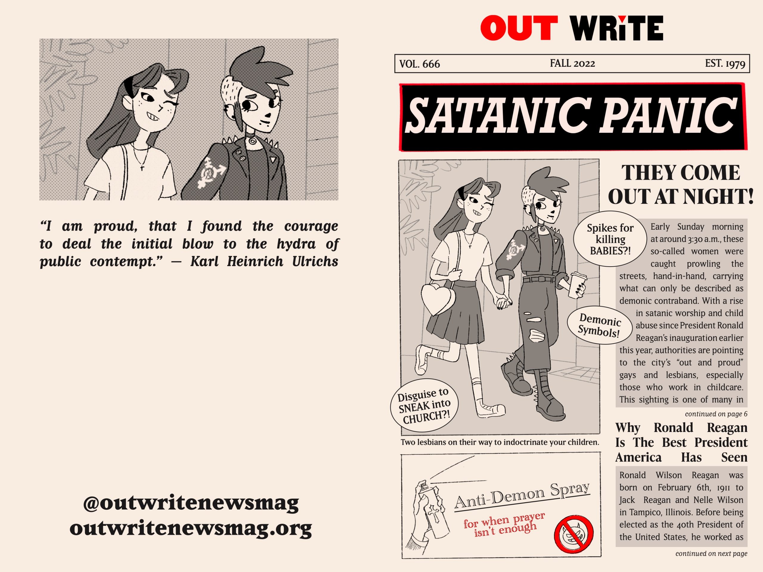 cover spread for OutWrite's fall 2022 issue satanic panic