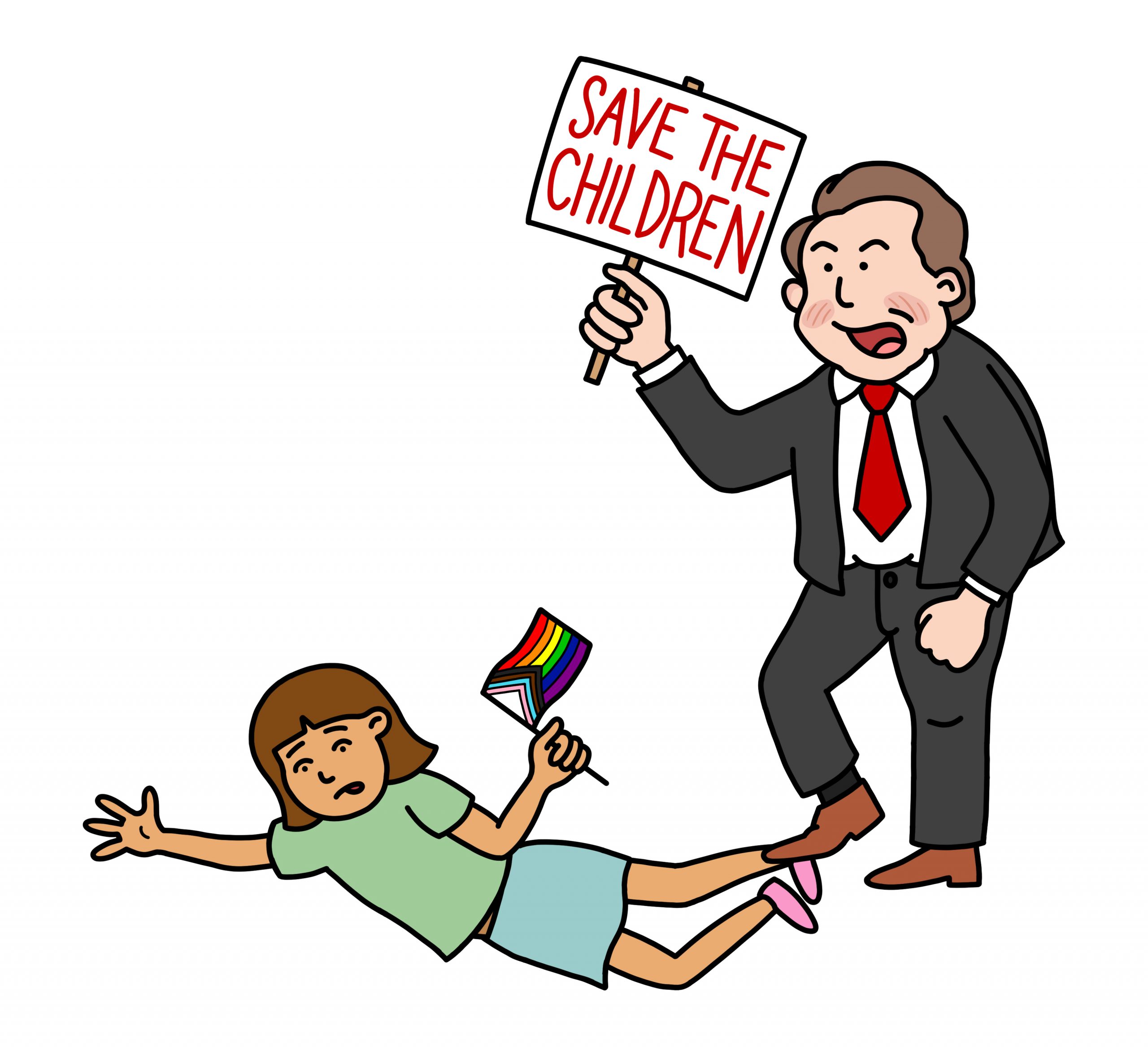 illustration of ron deSantis stepping on a child while holding a save the children sign