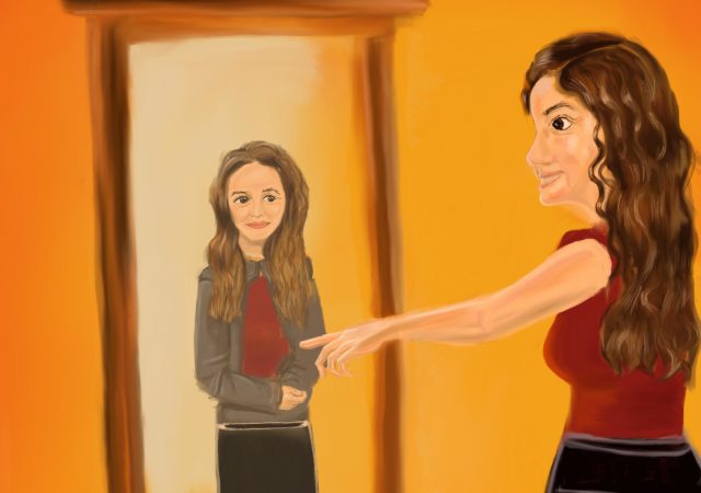 illustration of an older queer person looking at their younger self in the mirror