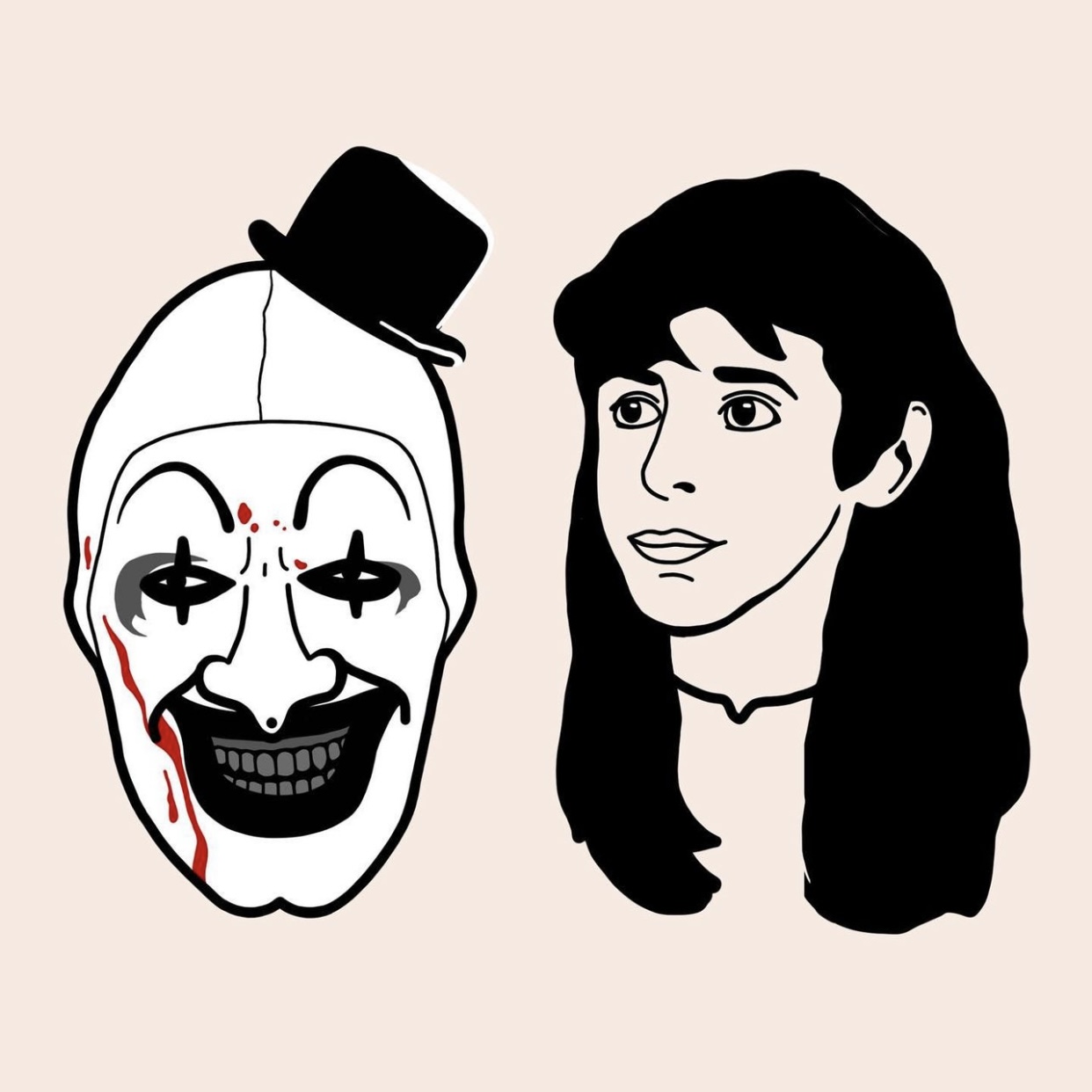 illustration of Art the Clown from Terrifier and Angela from Sleepaway Camp