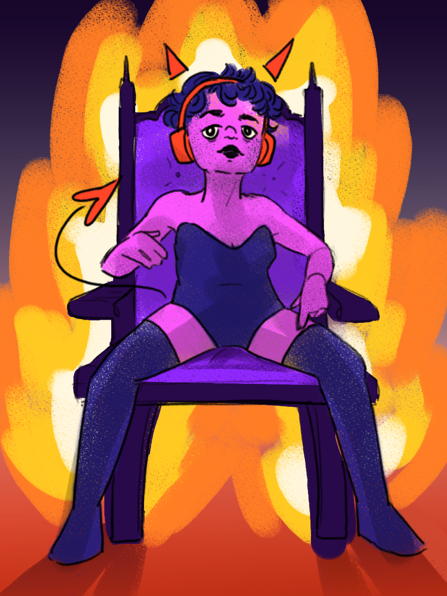 illustration of a queer demon sitting on a throne in hell listening to music
