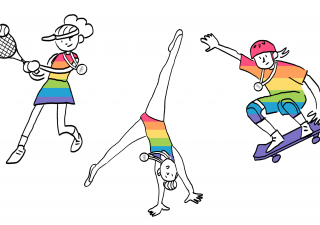 illustration of three athletes doing their sports in rainbow outfits