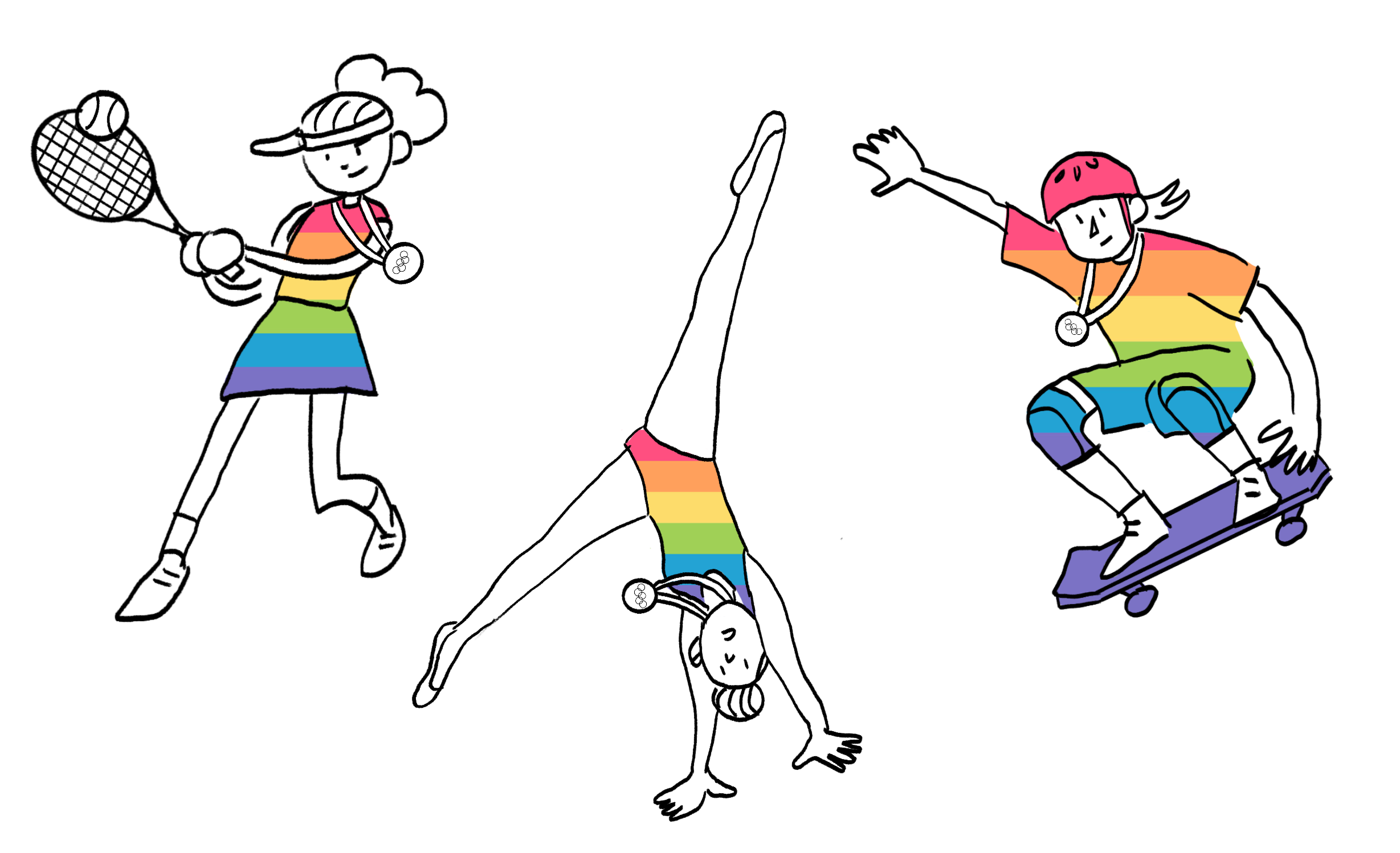 illustration of three athletes doing their sports in rainbow outfits