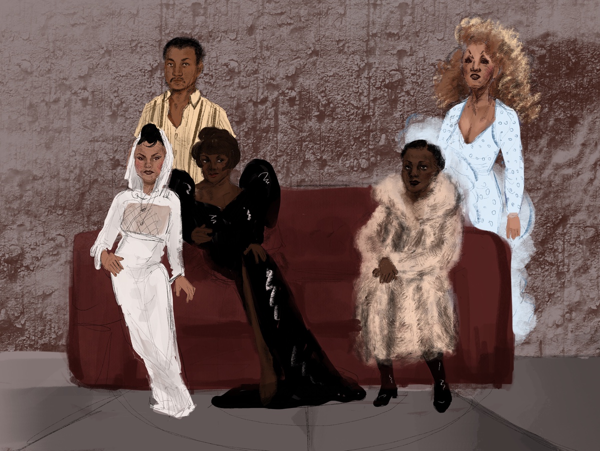 illustration of Angie Xtravaganza, Erskine Christian, Paris Dupree, Crystal LaBeija, and Dorian Corey