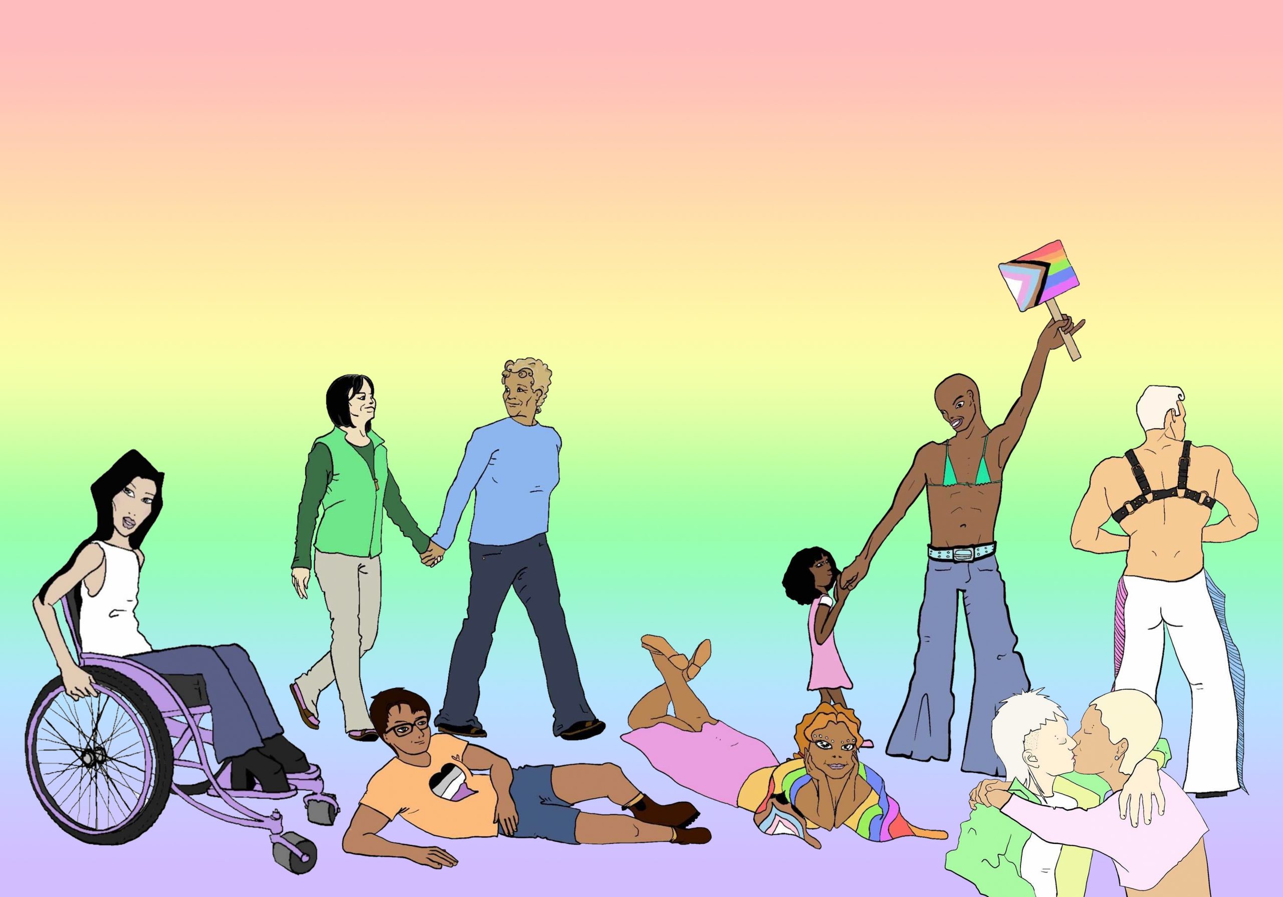 A digital illustration of a black-haired, light-skinned femme in white tanktop, jeans, and black boots in a wheelchair, an older black-haired, light-skinned femme in a green vest holding hands with a brown femme with blonde hair and wearing a blue shirt, a lounging brown masc with glasses and an asexual heart t-shirt, a lounging femme in a pink dress and draped in a progress flag, a black femme child in a pink dress holding hands with a bald black person in a green bikini top holding a progress flag, a white masc with white hair wearing a harness, and a white person with a white undercut mullet kissing a brown person with blonde hair. The background is a pastel rainbow gradient.
