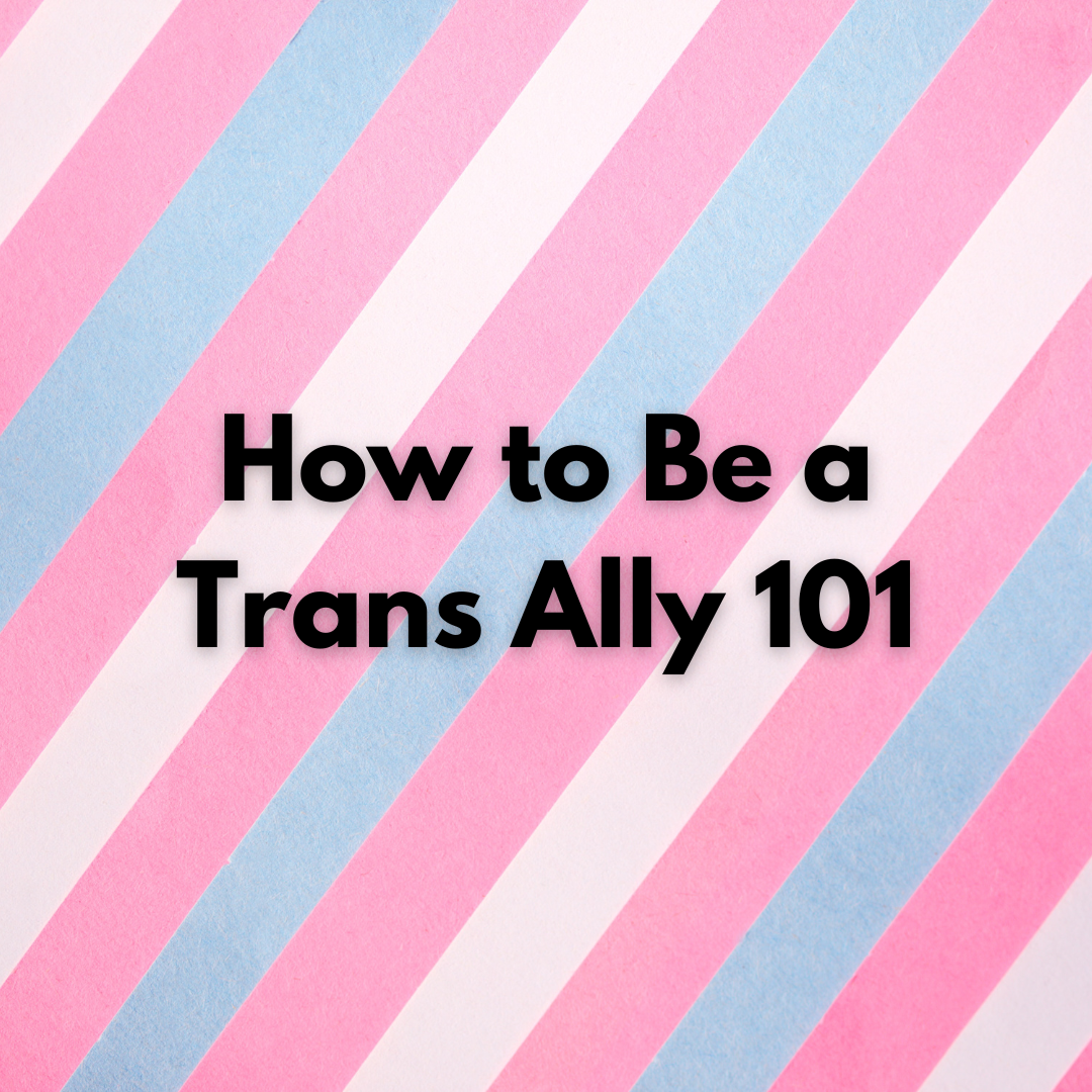 A graphic with the colors of the trans flag, white, pink, and blue running diagonally across the image. It reads, "How to Be a Trans Ally 101."