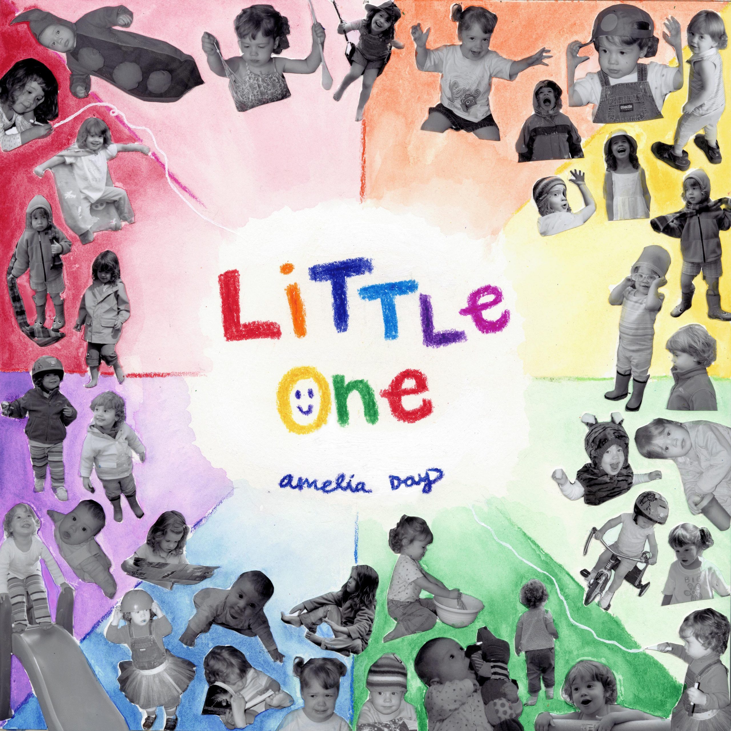The cover of "Little One," an EP by Amelia Day. It is divided into eight sections with each section being in a different color of the rainbow, colored in with crayon and watercolor paint. It reads "Little One. Amelia Day" in various crayon colors; there is a smiley face in the "O". All around the centered text are black and white images of Amelia, a white girl, as a young child.