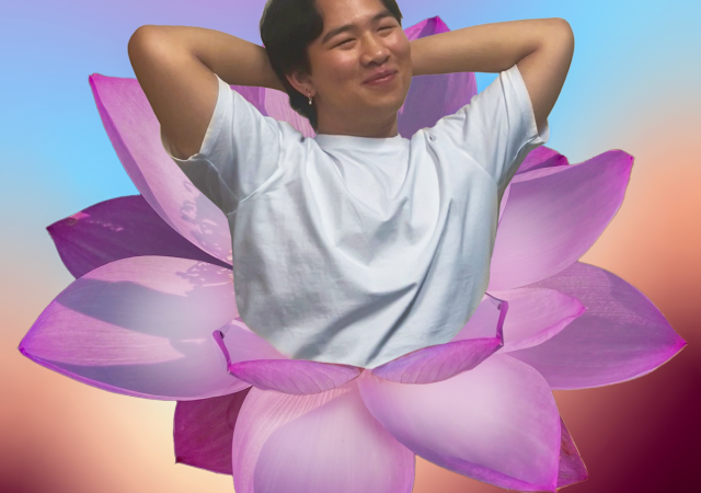 An edited photograph of Jericho, a person with brown skin and short black hair smiling with their hands tucked behind their head. They are emerging from a pink lotus flower. Behind them is a gradient of color ranging from brown to white to blue to purple.
