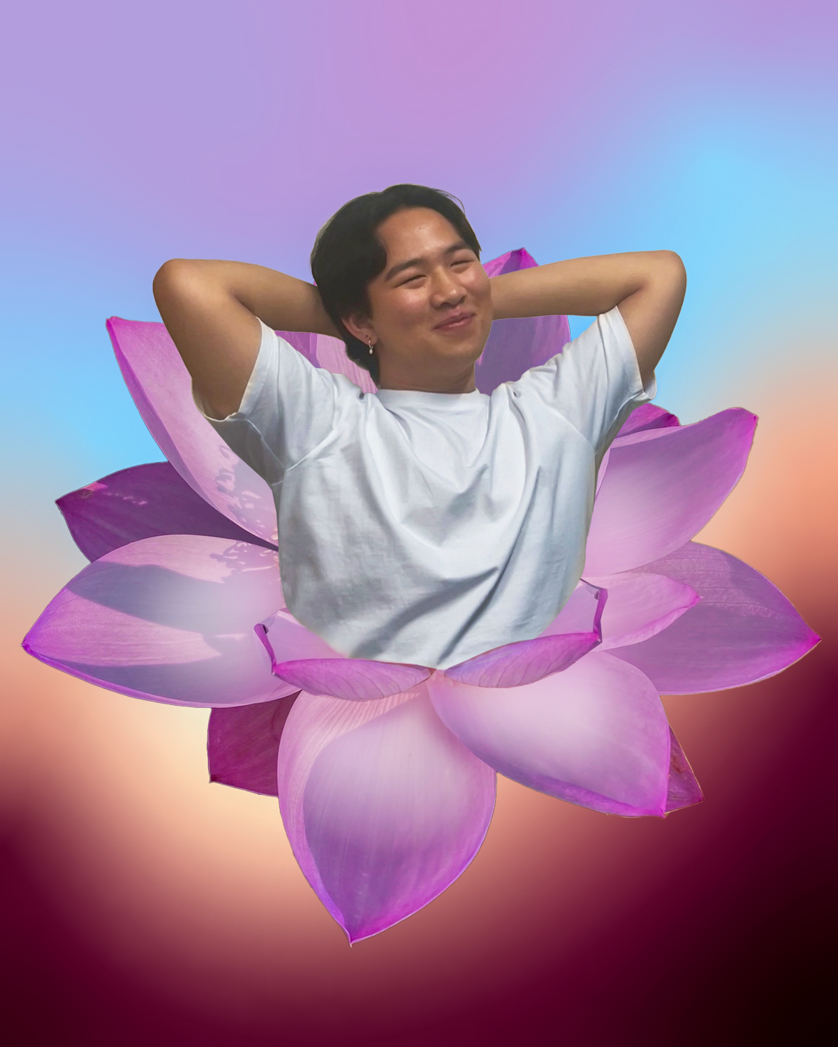 An edited photograph of Jericho, a person with brown skin and short black hair smiling with their hands tucked behind their head. They are emerging from a pink lotus flower. Behind them is a gradient of color ranging from brown to white to blue to purple.