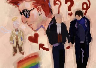 A digital illustration of a side profile of various characters. Crowley, a white masculine person with red hair and black round sunglasses, is in side profile in the top left corner. To his side, is a small Aziraphale, a white white-haired person with a haloe in a cream coat. Beneath him, is a rainbow flag. On the right side, there are two white masculine people. One has white hair, andone has dark hair. Various question marks and hearts surround them.