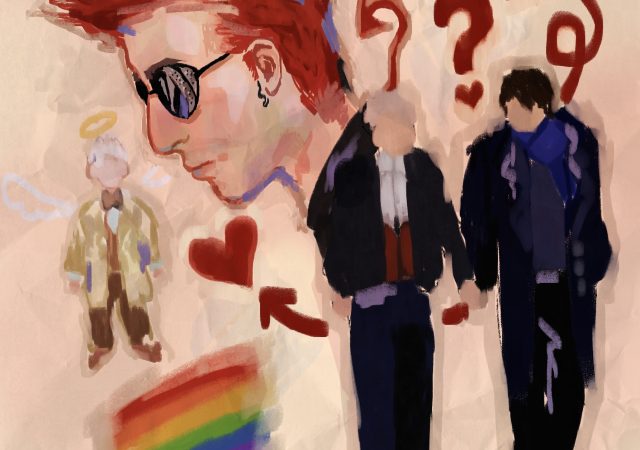 A digital illustration of a side profile of various characters. Crowley, a white masculine person with red hair and black round sunglasses, is in side profile in the top left corner. To his side, is a small Aziraphale, a white white-haired person with a haloe in a cream coat. Beneath him, is a rainbow flag. On the right side, there are two white masculine people. One has white hair, andone has dark hair. Various question marks and hearts surround them.