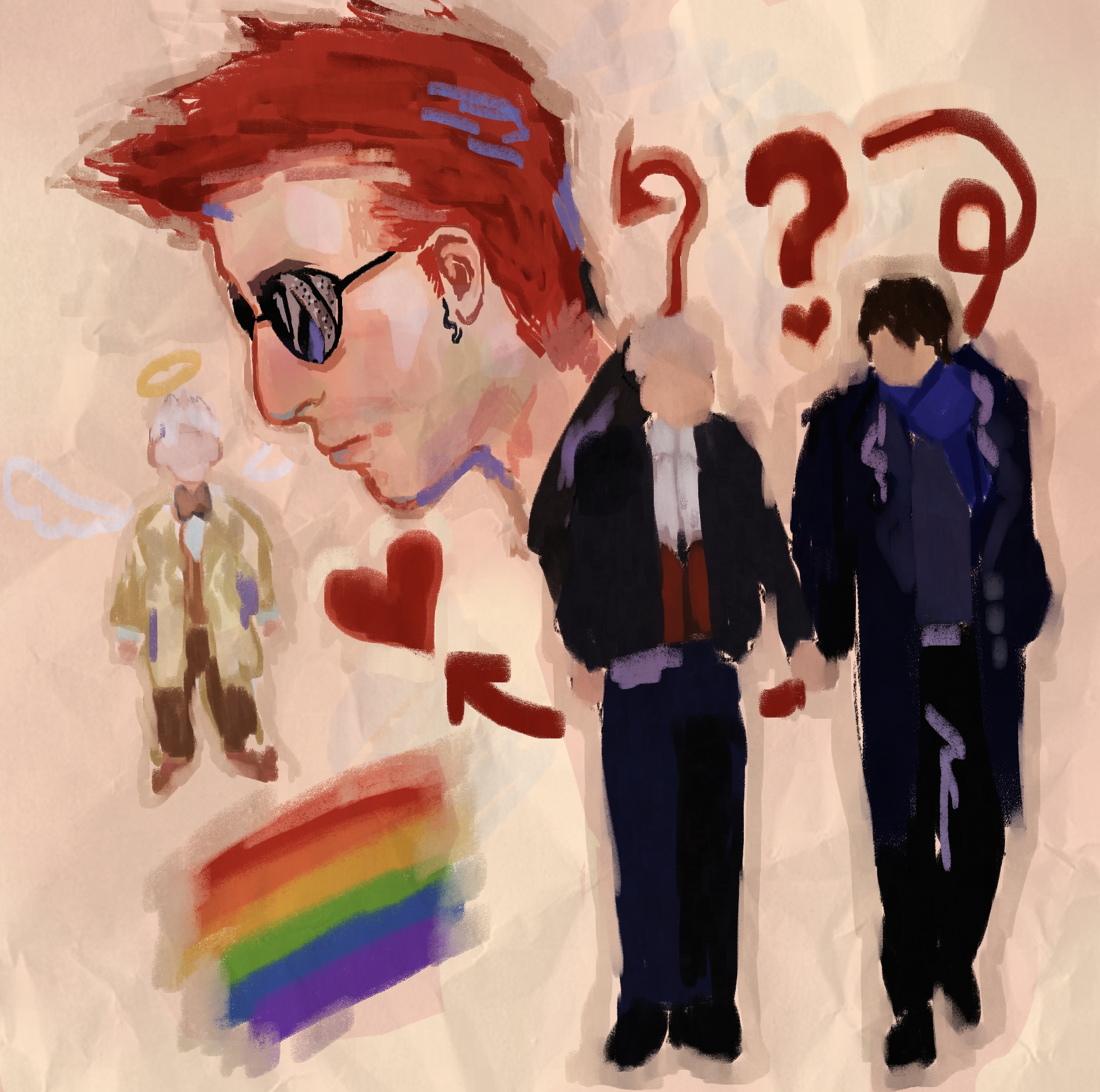A digital illustration of a side profile of various characters. Crowley, a white masculine person with red hair and black round sunglasses, is in side profile in the top left corner. To his side, is a small Aziraphale, a white white-haired person with a haloe in a cream coat. Beneath him, is a rainbow flag. On the right side, there are two white masculine people. One has white hair, andone has dark hair. Various question marks and hearts surround them.