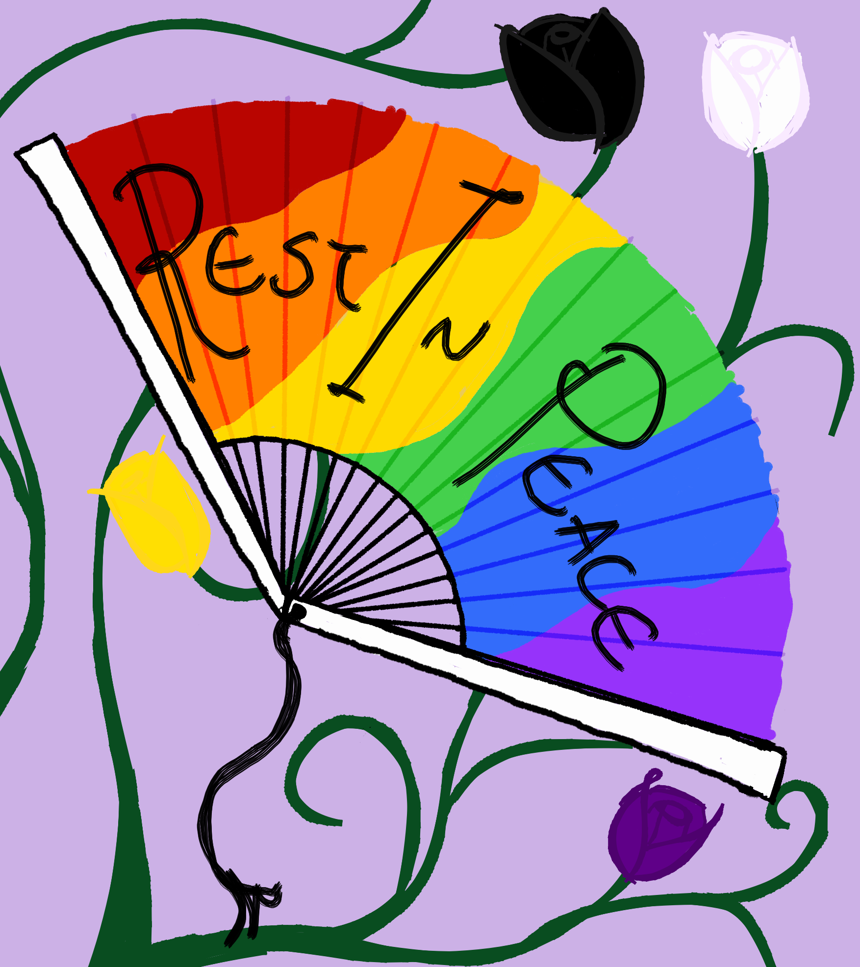 A digital illustration of a rainbow folding fan which reads "Rest In Peace." Surrounding the fan are a variety of roses in the colors of the nonbinary pride flag: black, white, yellow, and purple. The image's background is lilac.