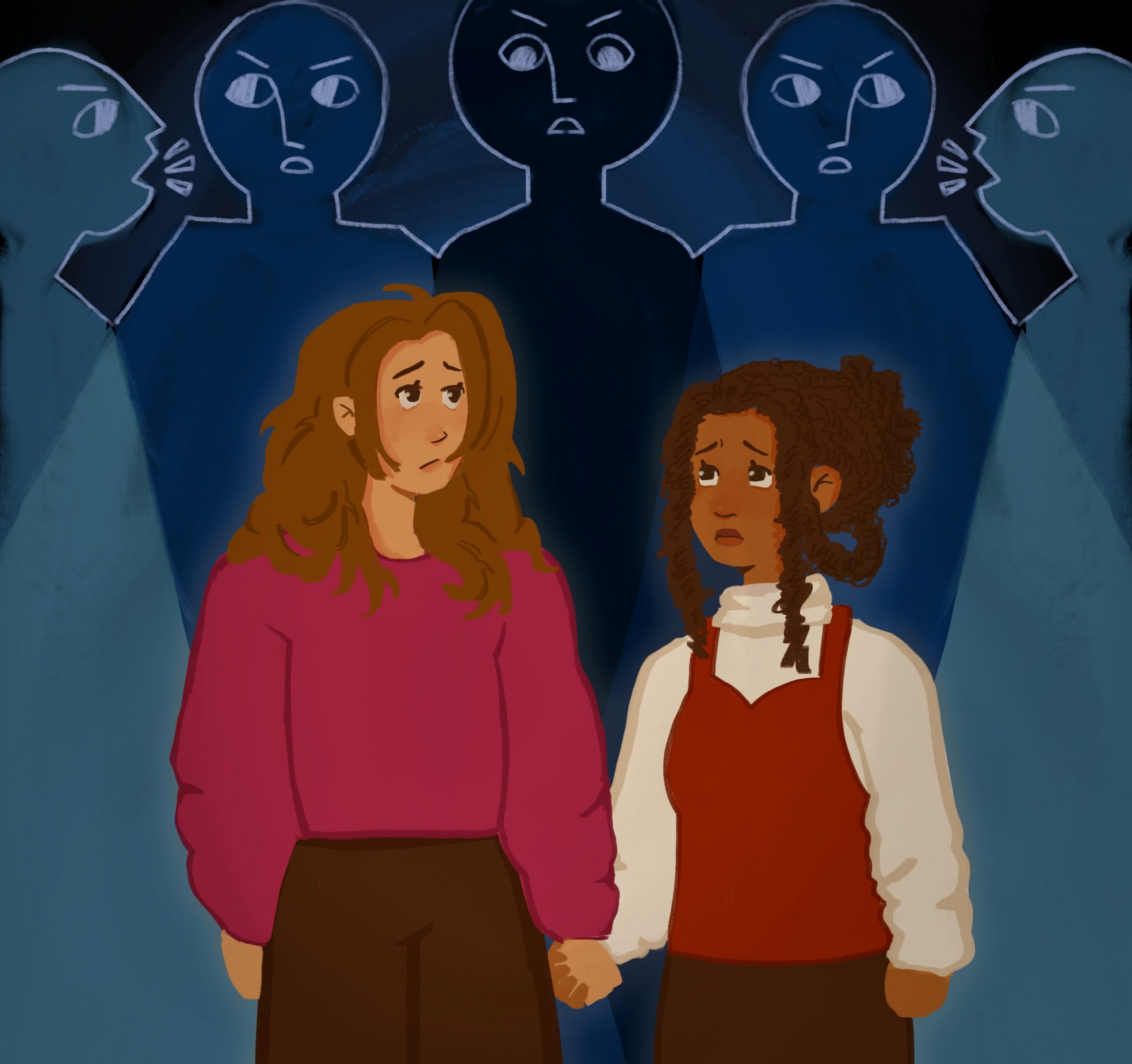 An illustration of a light-skinned girl with long light brown hair in a pink sweater holding hands with a girl with brown skin and her dark brown curls tied up in a bun in a white turtleneck and red shirt. They both look backwards and up, their faces filled with worry. Blue silhouettes of people with angry faces loom above them.