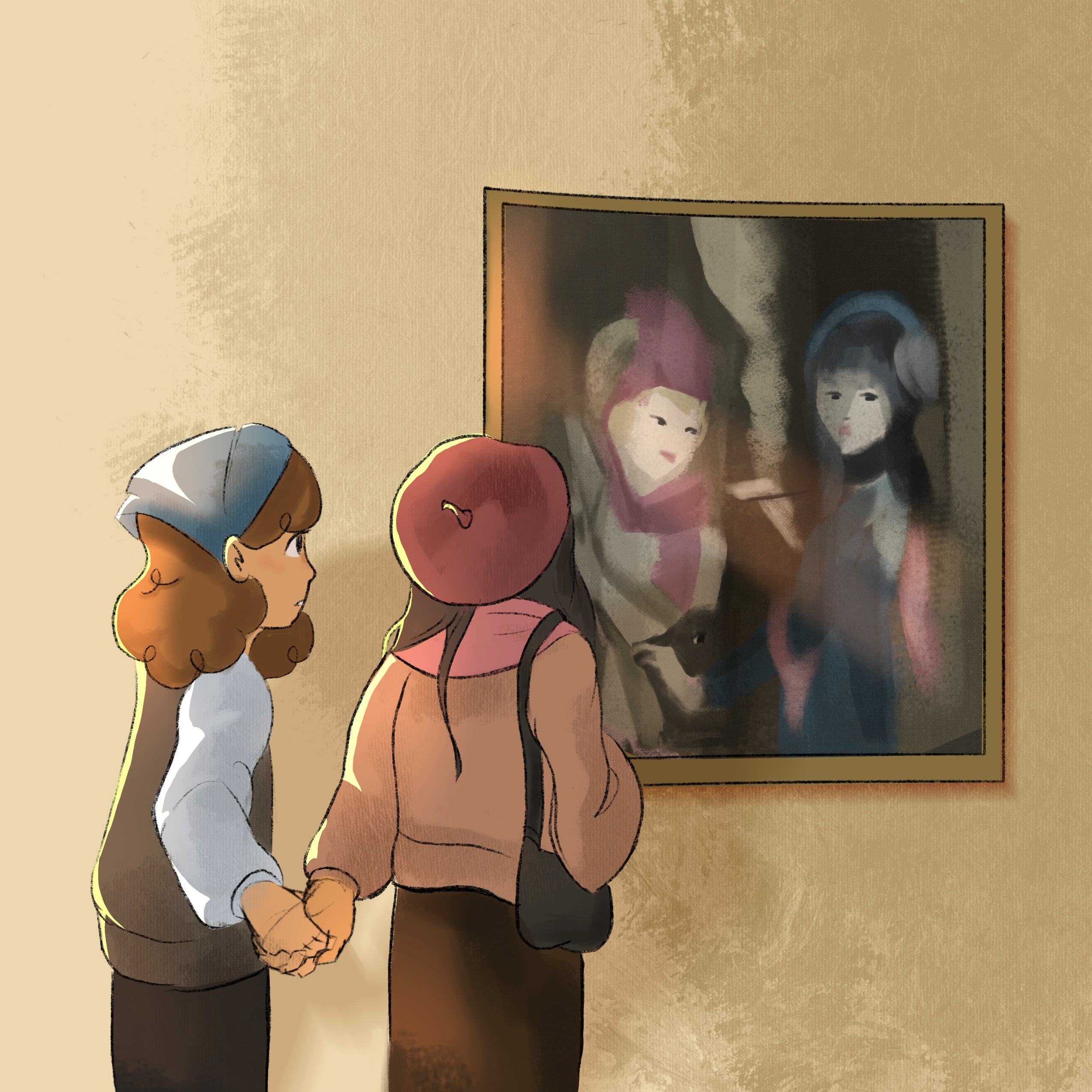A digital illustration of two women holding hands and looking at a painting of two women. The couple's clothing color palette matches the two women's clothing in the painting. The woman on the left has light brown skin, curly brown hair, a blue bandana, and a brown vest over a light blue long-sleeve shirt. The woman on the right has light skin, straight brown hair, a red beret, a tan shirt, and a black purse. The women in the painting wear a red scarf and a blue scarf respectively.