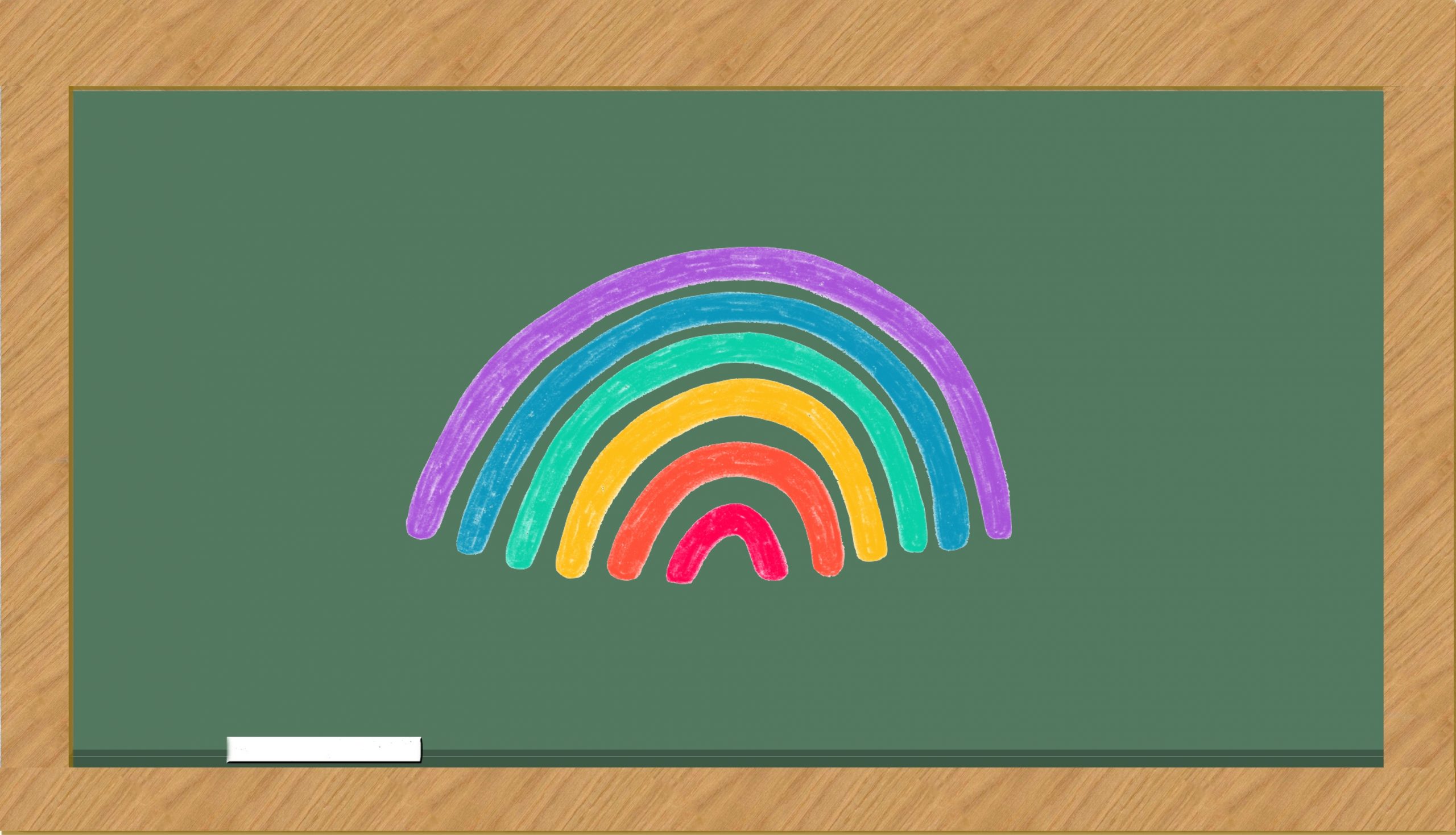 A digital illustration of a green chalkboard with a wooden frame. A white piece of chalk sits on the left side. In the center of the chalkboard is a drawn rainbow.