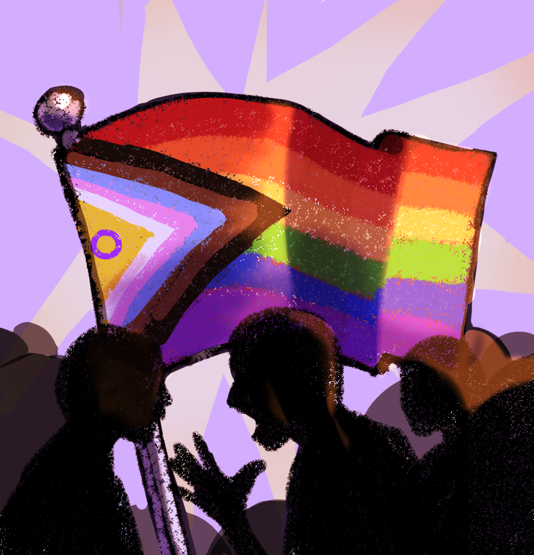 A digital illustration of two groups of silhouetted people. One group is silent and holds the Intersex-Inclusive Pride Progress Flag. The other group is led by an individual holding up their hand and shouting. The background is a light purple, and a light yellow starburst is behind the flag.