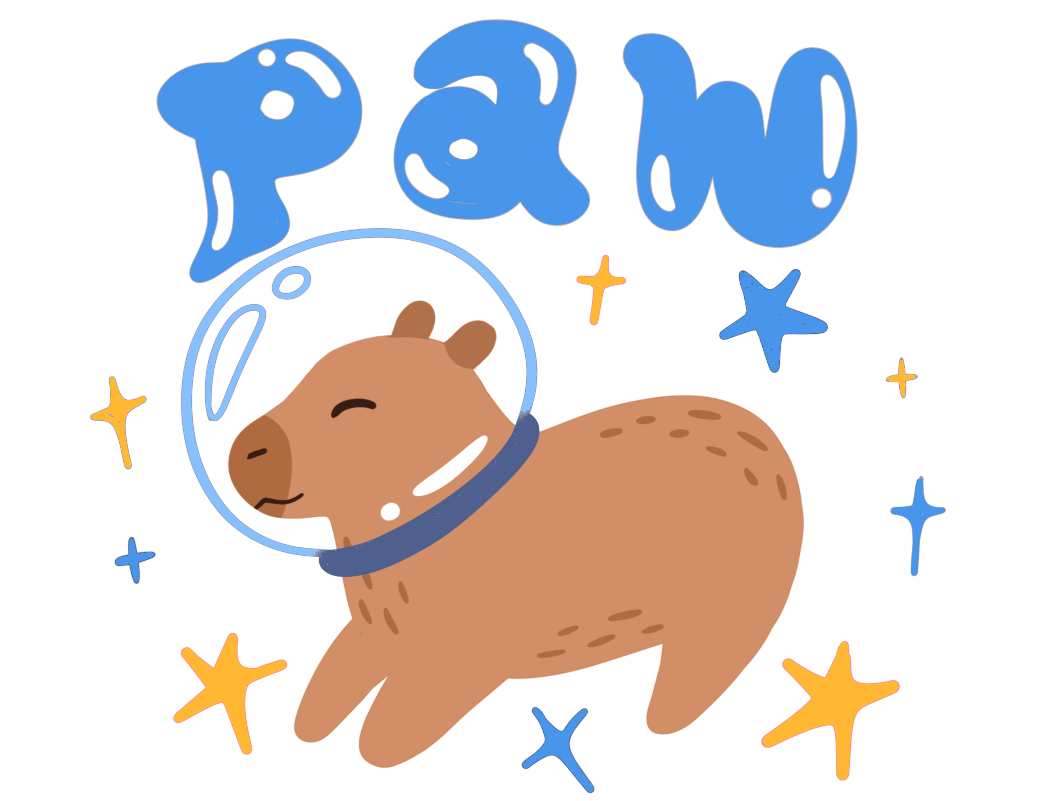 A digital illustration of a capybara with an astronaut hat on. Blue and yellow stars surround the capybara. At the top of the image is the text "paw."