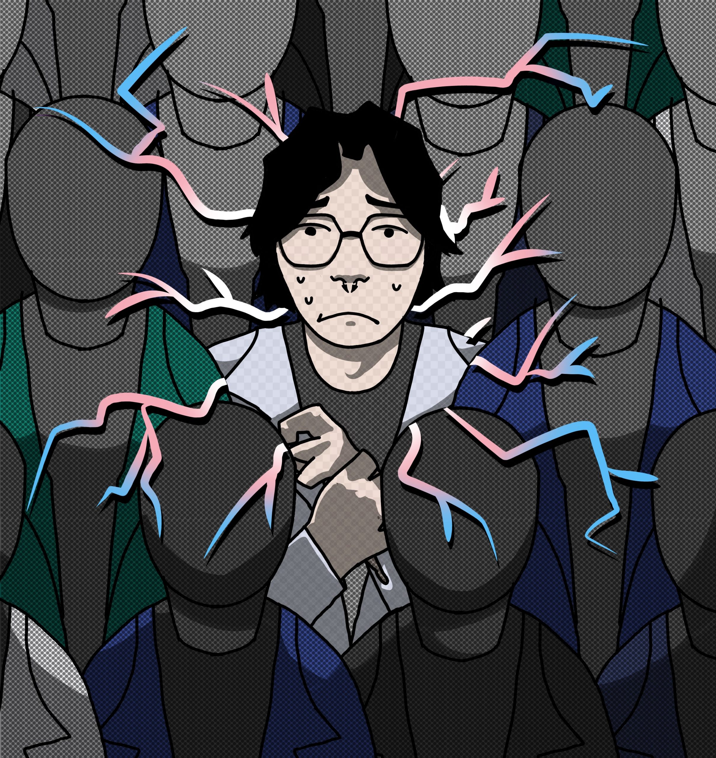 A digital illustration of Claude, a masc Korean person with glasses and a septum ring. He has dark hair and light skin and is visibly anxious. Cracks in the colors of the trans flag spread out from around him. They are surrounded by faceless gray people.