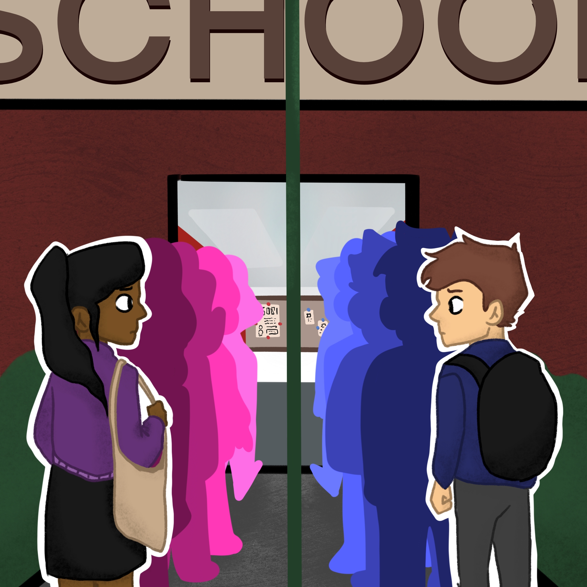 for tomorrow's article! A digital illustration of a fem person and a masc person looking at each other from the ends of two separate lines. One line is composed of fem people's pink silhouettes, and the other is composed of masc people's blue silhouettes. The fem person has brown skin, black hair in a ponytail, a purple shirt, and a tan bag. The masc person has white skin, short brown hair, a blue shirt, and a black backpack. He looks worried. They are in a school setting approaching a bulletin board with various flyers on it.