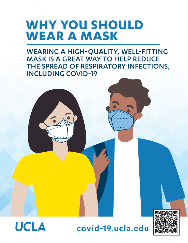 Graphic detailing how high-quality, well-fitting masks prevent spread of COVID-19 and other respiratory illness. Includes two people wearing high quality, well-fitting masks.