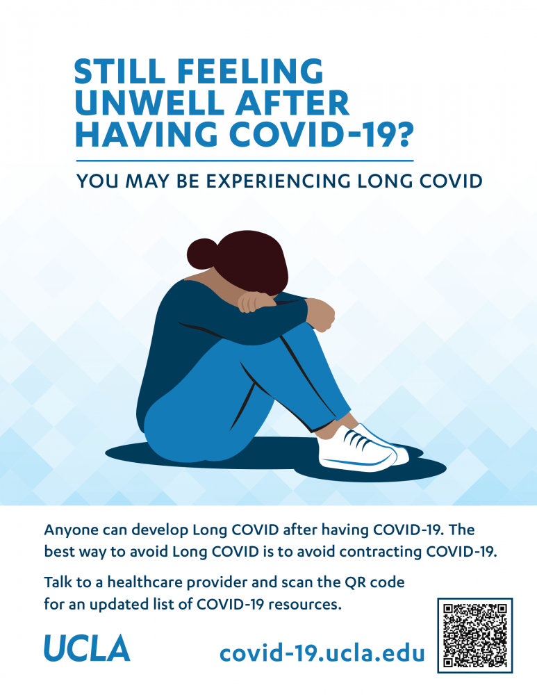 Graphic detailing how anyone can develop Long COVID after COVID-19 infection. Includes a figure sitting bent down with their head on their knees.
