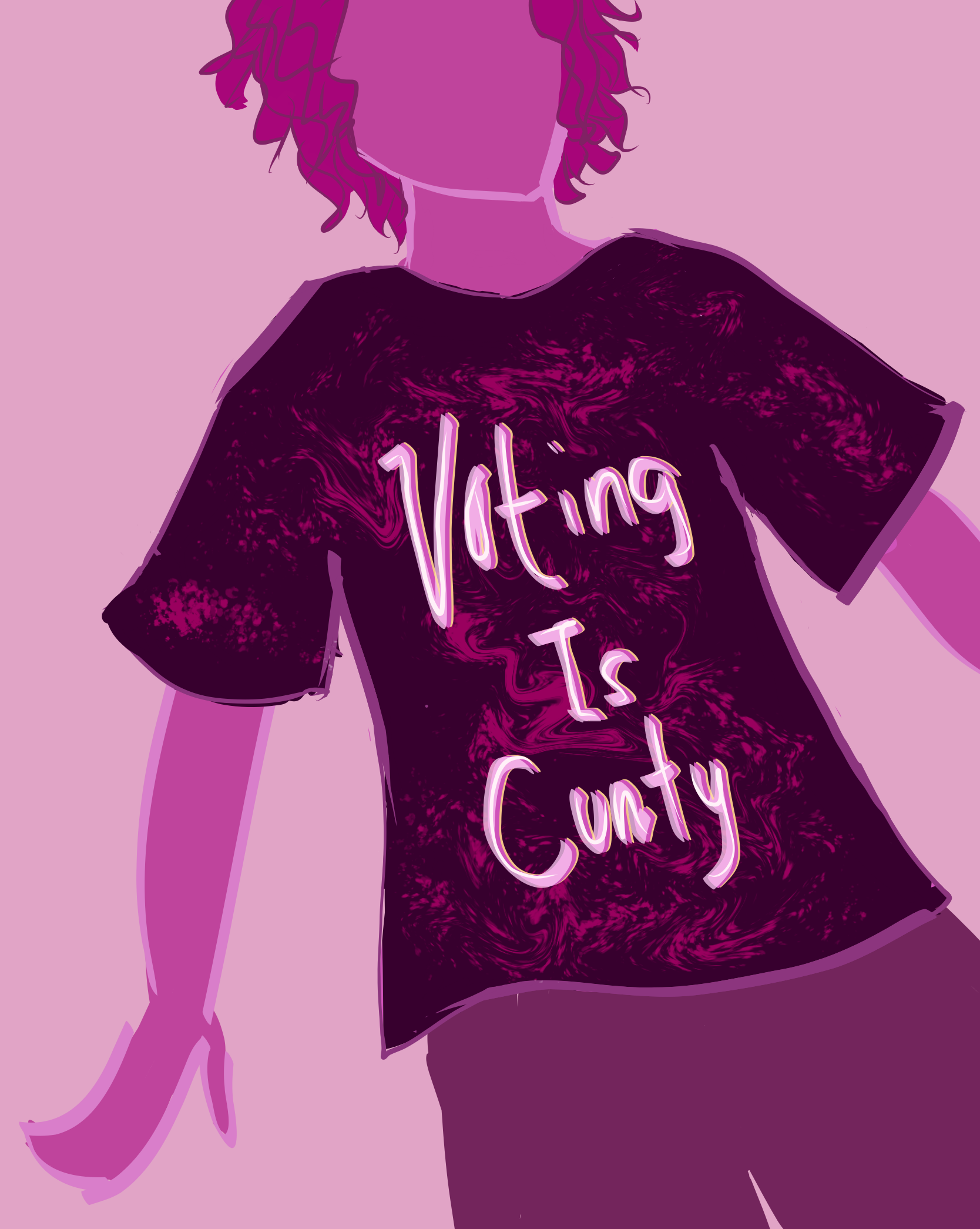 A digital illustration of a person with wavy short hair wearing a shirt that says, "Voting Is Cunty." Everything is pink.