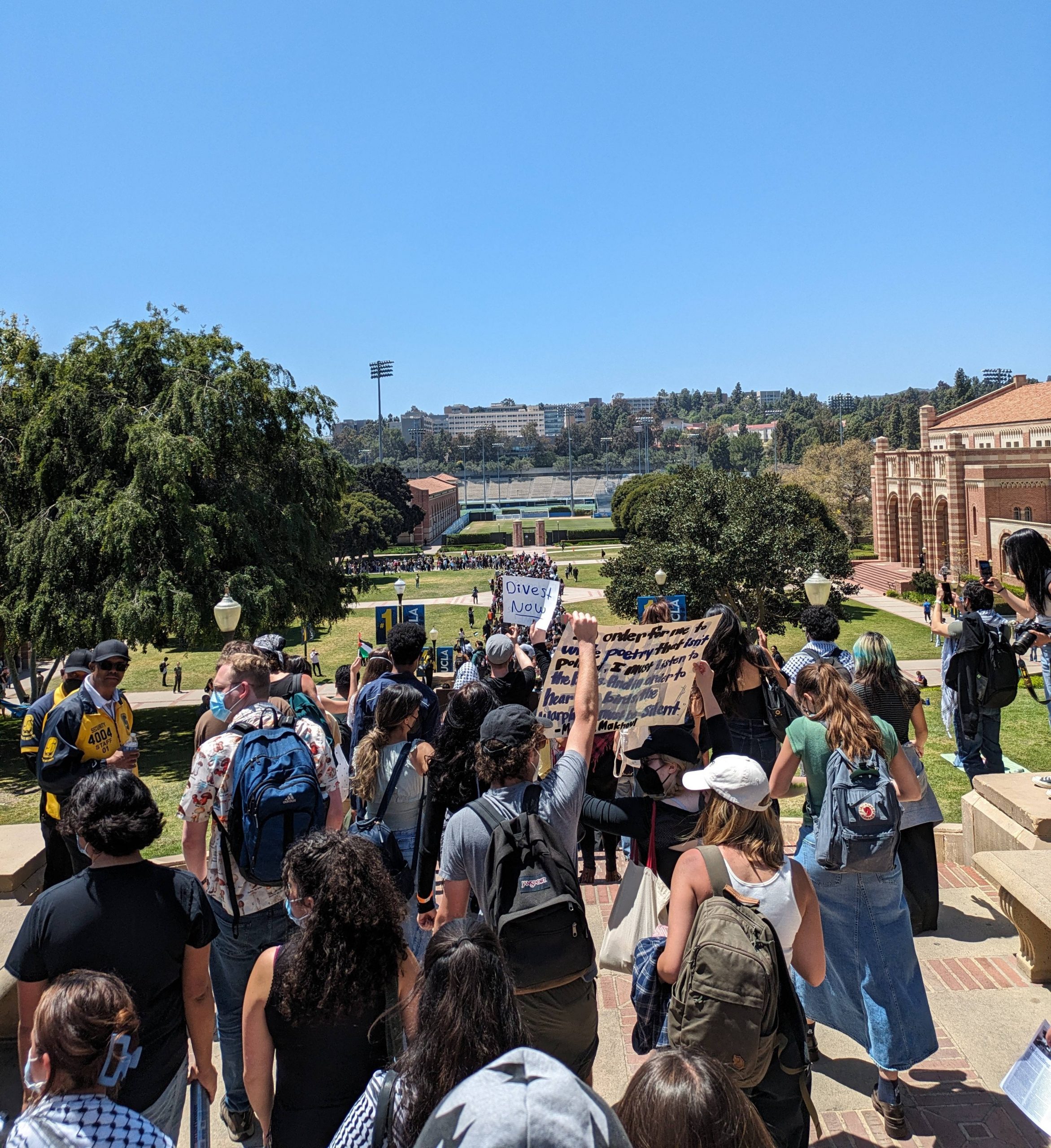 A photograph of a pro-Palestine walkout. The protestors hold various signs and walk down the Tongva steps. One protestor holds their fist in the air in the center.