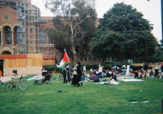 A scattered group of pro-Palestine protestors linger in front of Powell Library on a foggy day. One waves a large Palestinian flag.