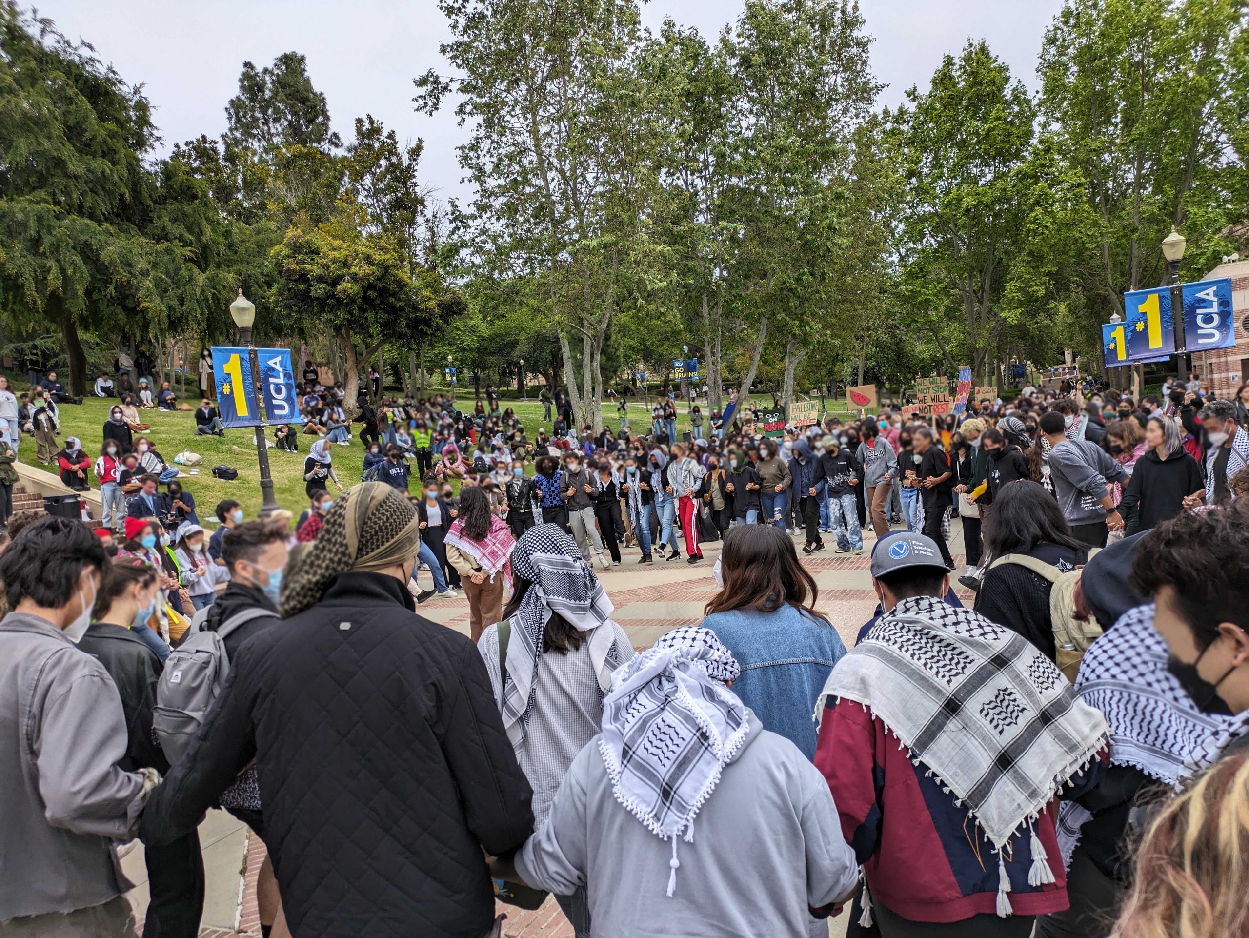 A crowd of UCLA students and community members gather in a circle around the base of Kuruvungna Steps. Many wear keffiyehs and some raise cardboard signs with pro-Palestine slogans. Community members' faces have been blurred for privacy.
