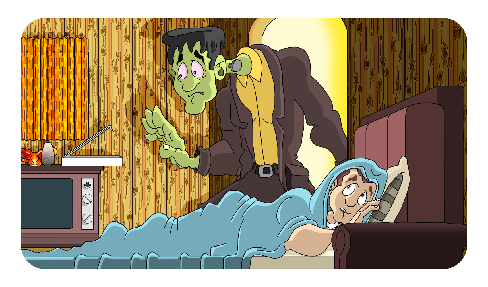 A cartoon of a scared Frankenstein's monster looming over the author, a white man, huddled under the blankets of his bed.