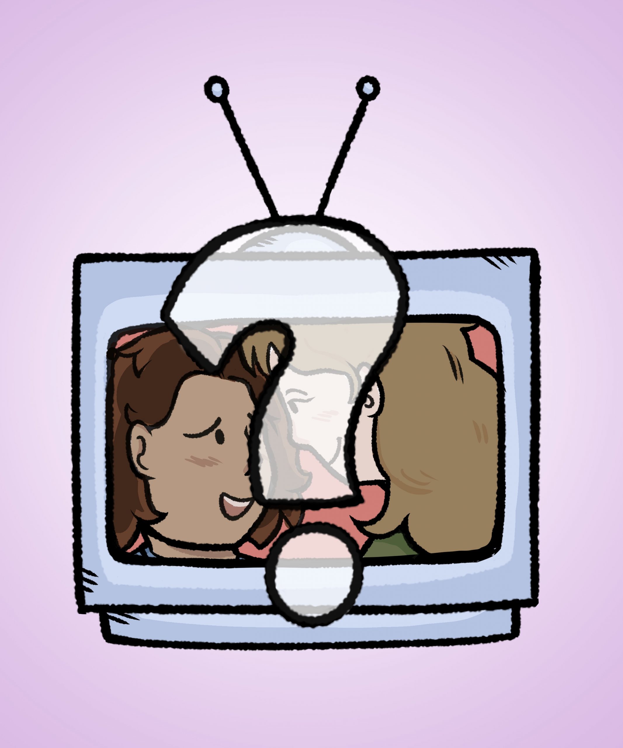 Two women almost kissing on a TV screen with a large superimposed question mark.