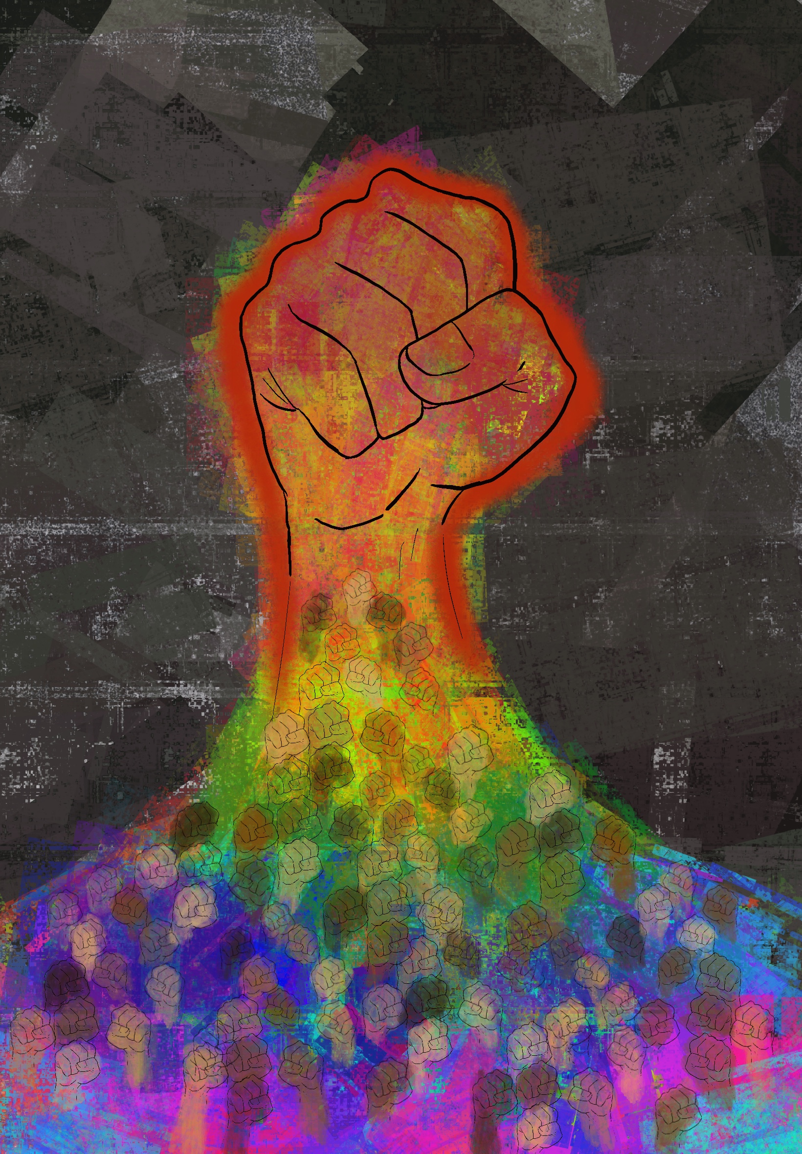 A rainbow-colored fist made of many smaller fists punches upwards over a dark grey background.