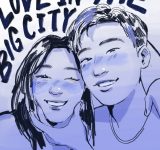 A monocolor illustration of a young Korean man and woman, smiling with their arms thrown over each others' shoulders. Handwriting in the top left corner reads "Love in the Big City"
