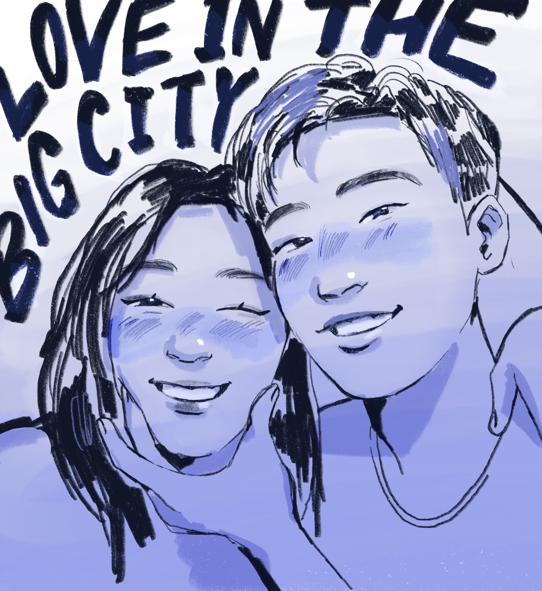 A monocolor illustration of a young Korean man and woman, smiling with their arms thrown over each others' shoulders. Handwriting in the top left corner reads "Love in the Big City"