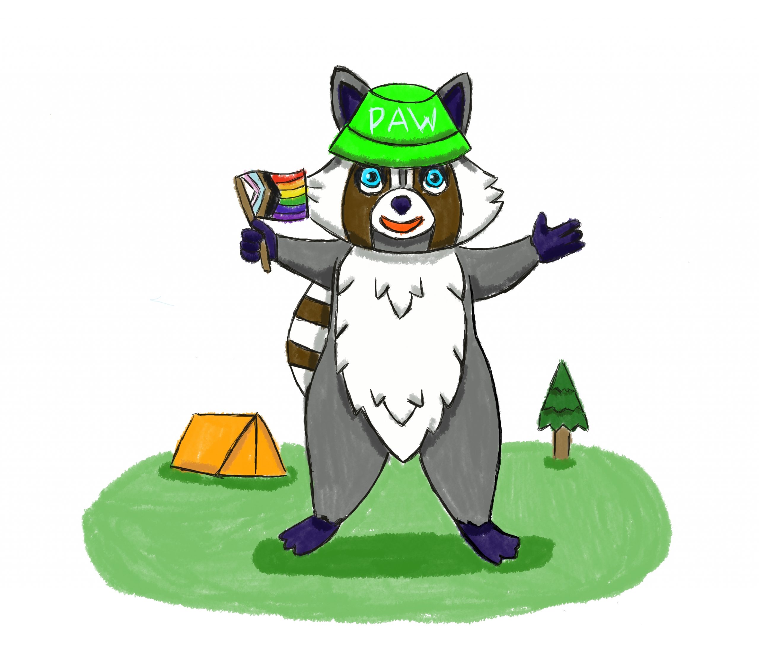 An illustration of the PAW mascot, a raccoon holding a pride flag and wearing a lime bucket hat at a campground.