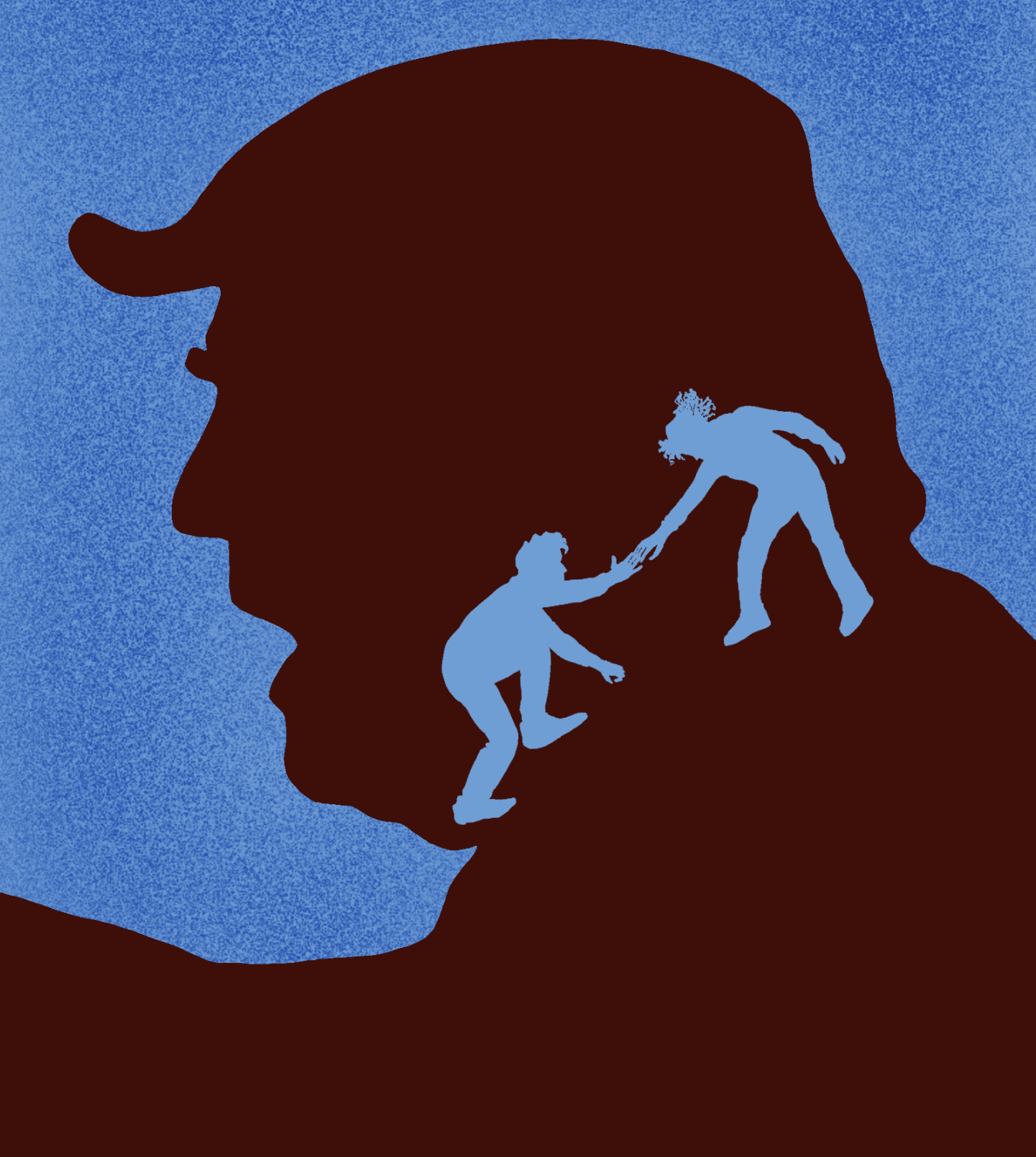 A two-color illustration of a silhouette of Donald Trump's head. Silhouetted against the head is two people, one helping the other up.