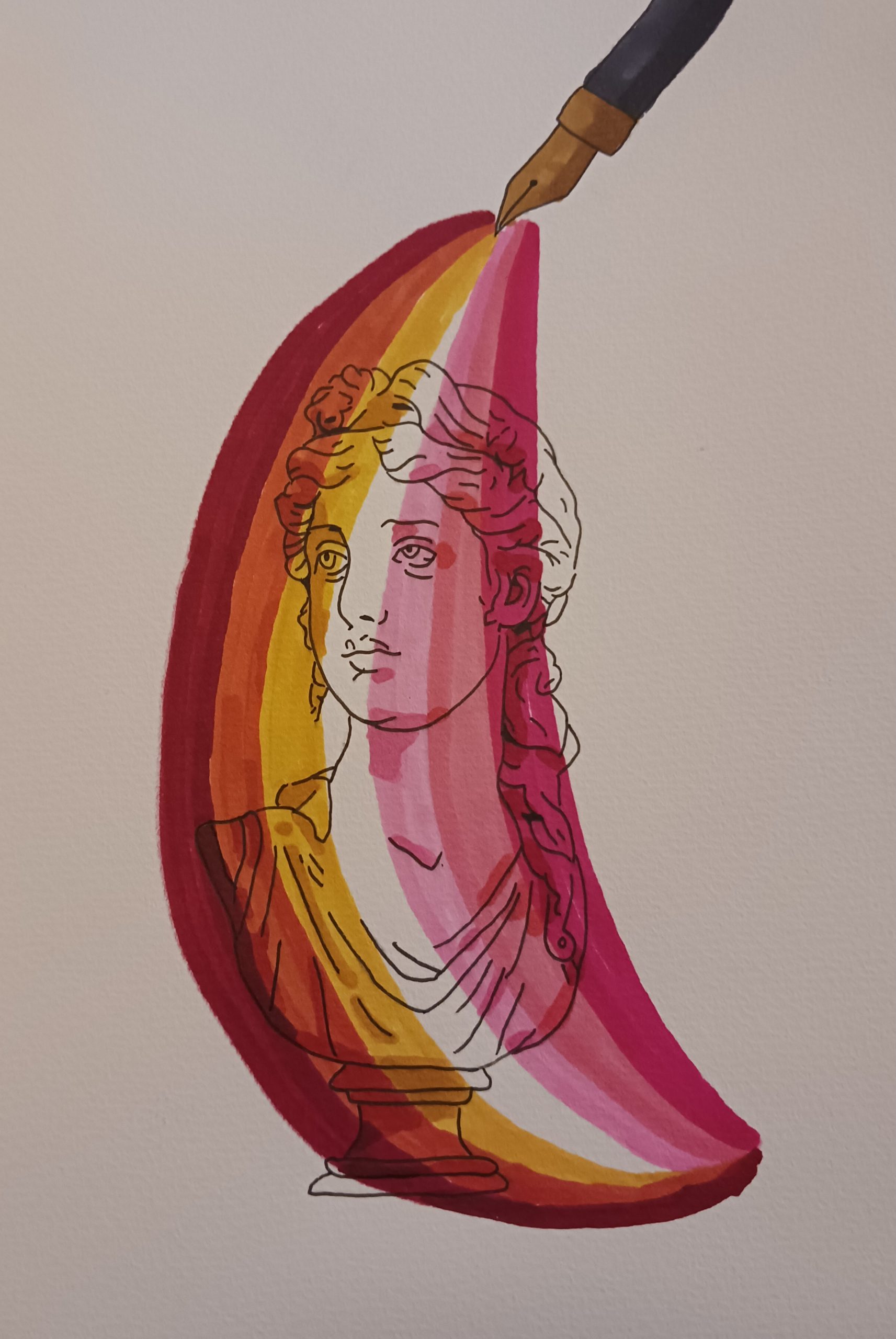 A marker illustration of a bust of Sappho overlaid with a swatch in the colors of the lesbian flag.