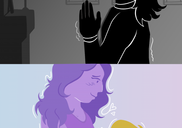 An illustration in two parts. In the top part, a woman drawn entirely in black kneels in front of a small altar. She appears frustrated and tired as she prays. The second image is colorful, drawn in purple and yellow. In it, a standing woman caresses the face of a woman kneeling. They are looking at each other with love.