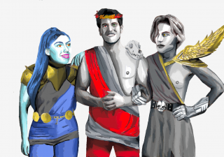An illustration of Zagreus, Megara and Thanatos from the game Hades.