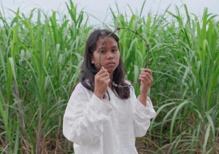 A photo of a solemn Filipina girl holding up a barbed wire circle. She is in a field of sugarcane.