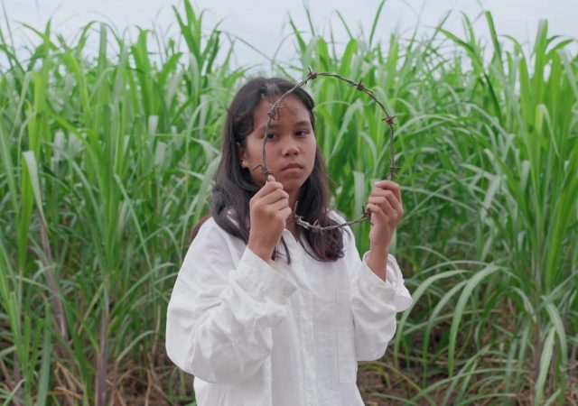 A photo of a solemn Filipina girl holding up a barbed wire circle. She is in a field of sugarcane.