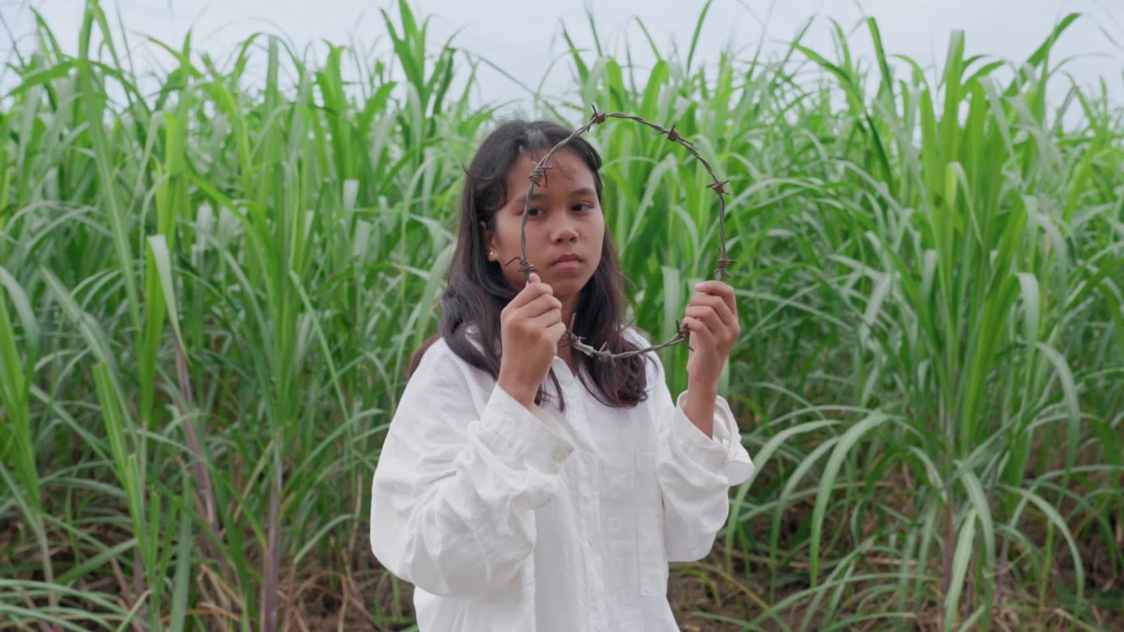 A photo of a solemn Filipina girl holding up a barbed wire circle. She is in a field of sugarcane.