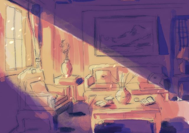 An illustration in orange and purple of a beam of sunlight sining into a shadowy room furnished in a traditional Chinese style.