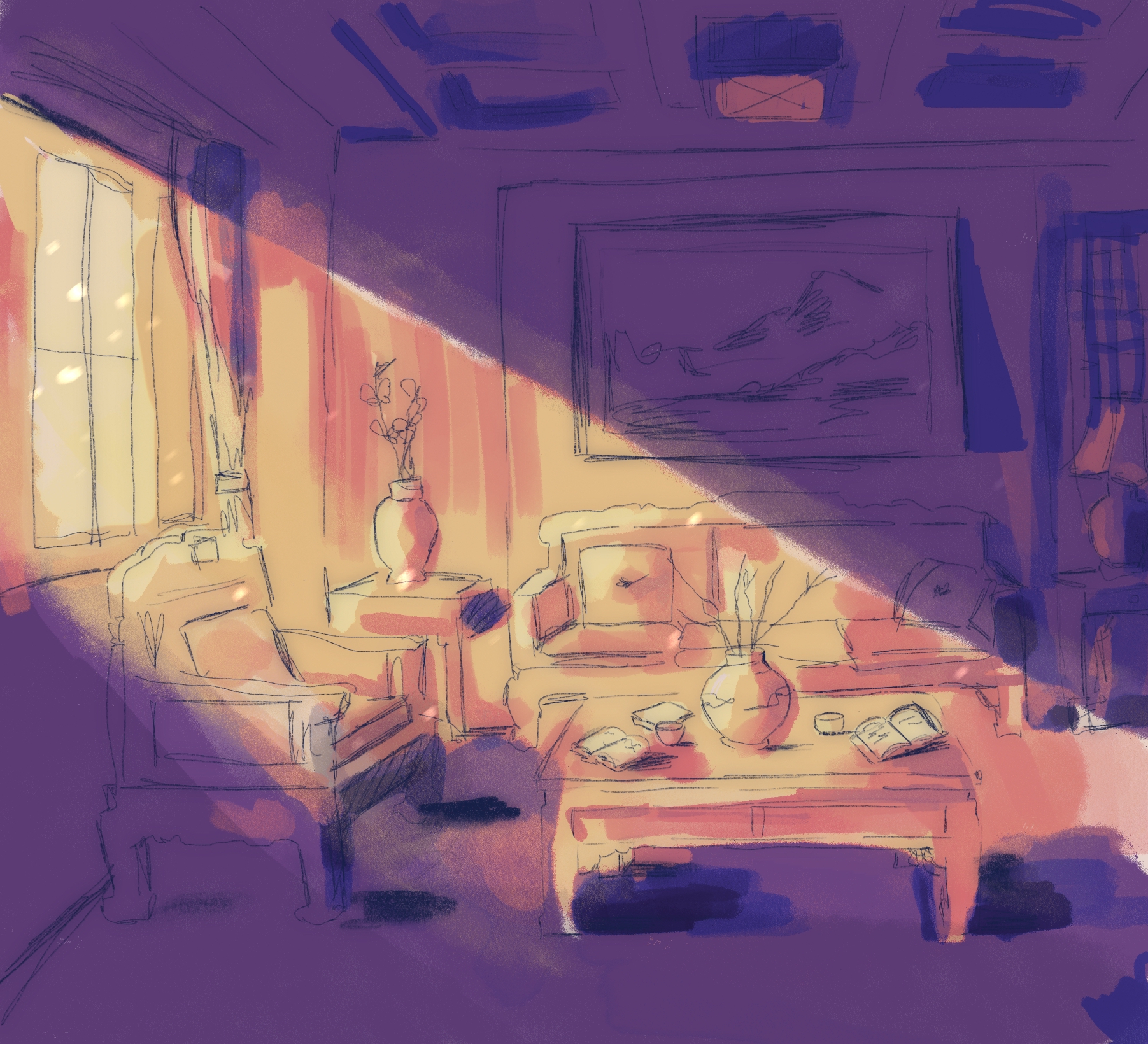 An illustration in orange and purple of a beam of sunlight sining into a shadowy room furnished in a traditional Chinese style.